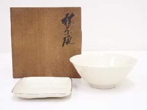 JAPANESE POTTERY WHITE GLAZE TEA BOWL & SWEETS PLATE SET 